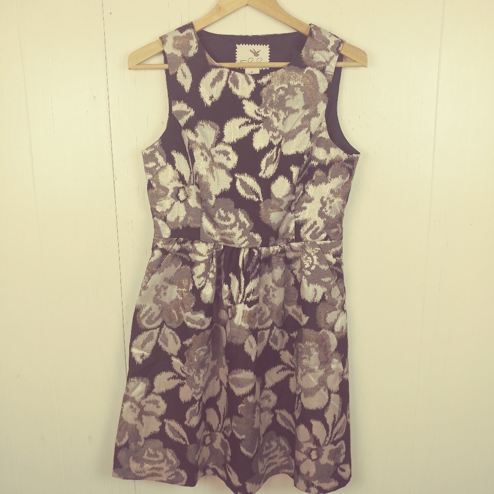 Anthropologie TABITHA Black Metallic Floral Dress